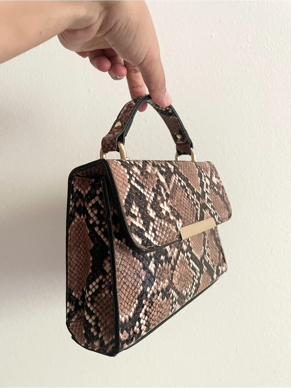 Brown Snake-Print Top Handle Bag